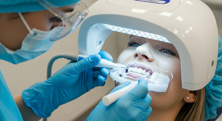 A patient undergoing a professional teeth whitening procedure with an LED lamp and cheek retractor
