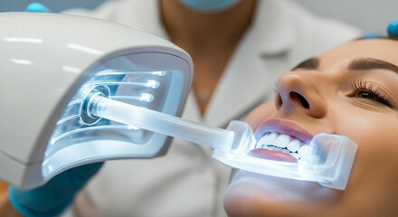 A close up portrait of a woman undergoing a teeth whitening procedure with an LED light