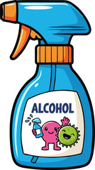 Cartoon Alcohol Spray Bottle with Friendly Germs Promoting Cleanliness and Sanitization.