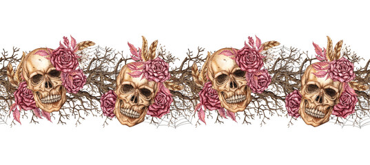 Human skull with dark red roses, dried flowers, feathers, branches and cobwebs watercolor illustration. Bones gothic style. Day Dead, Halloween, Dia de los muertos. Isolated Pattern horizontal, border