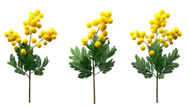 Three bunches of yellow flowers with green leaves against a black background.  Detailed illustration of floral stems, leaves, and clustered flower heads