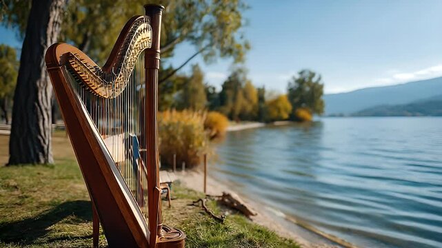 Harp by lakeside on a sunny day