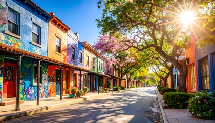 Fototapeta premium Colorful street lined with vibrant buildings under a bright sun
