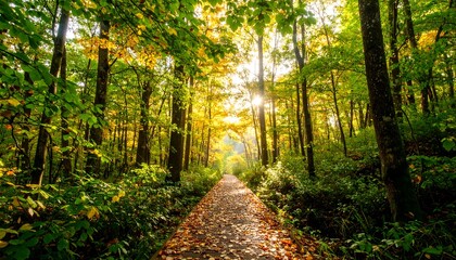 Autumn path through a sunlit forest