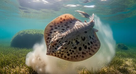 Spotted Stingray Swimming Underwater in Ocean with Sunlight