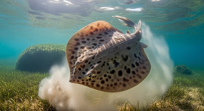Spotted Stingray Swimming Underwater in Ocean with Sunlight - Powered by Adobe