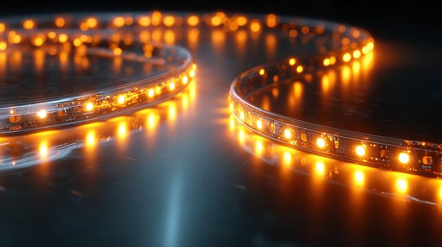 Automated factory with glowing conveyor belts processing products at night