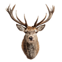 Close-up of a mounted red deer head.  Large antlers,  brown fur,  neutral expression