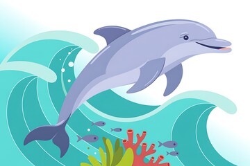 Fototapeta premium Dolphin leaping through turquoise ocean waves with small fish