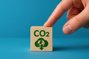 Business carbon credit. Hand placing a block marked CO2, symbolizing environmental awareness and carbon footprint reduction.