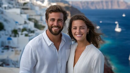 Couple standing on a cliff with hair blowing in the wind, overlooking a breathtaking landscape. Dramatic and adventurous scene ideal for travel, romance, lifestyle, and outdoor content