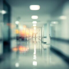 Blurred hospital hallway, smooth floor, muted lighting