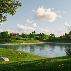 Obraz premium 緑の楽園、穏やかな水面