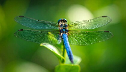 Close-up of a vibrant blue dragonfly