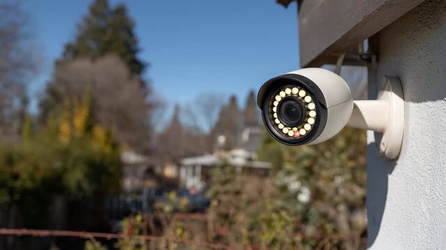 This image features a security camera mounted overlooking a peaceful neighborhood, representing safety and surveillance in modern community living.