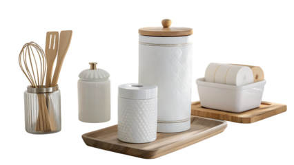 Modern kitchen utensils and storage containers on wooden trays