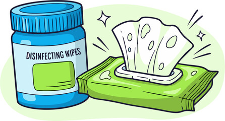Cartoon Illustration of Disinfecting Wipes and Sanitizing Wipes Dispenser.