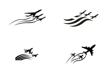 Obraz premium Vector set of airplanes taking off with stylized trails, depicted in black on white