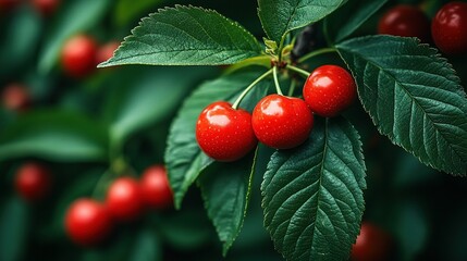Fototapeta premium Close-up view of ripe cherries on a branch.