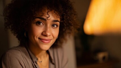A close-up portrait of a smiling woman with curly hair, showcasing her natural beauty and warm expression inside a softly lit environment that radiates comfort. - Powered by Adobe