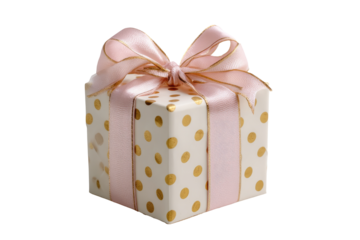 Square gift box, cream and gold polka dots, pale pink ribbon