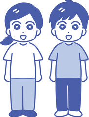 笑顔で正面を向いている私服の若い男女(全身・線画・半袖)	
