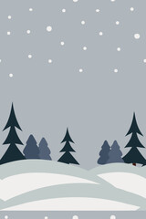 Snowy forest landscape with falling snowflakes winter trees