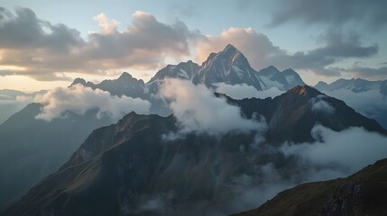 Mountain Landscape: Clouds Hovering Over Rugged Peaks