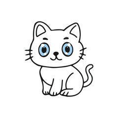 Kawaii white domestic cat with blue eyes. coloring book black white design