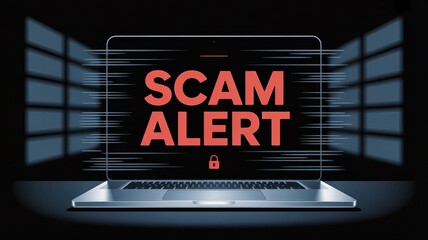 A digital illustration of a laptop displaying a bold 'SCAM ALERT' message, symbolizing caution in online security.