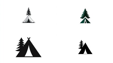 Four stylized outdoor-themed logos, featuring simplified tent silhouettes and pine trees, in various color and styles