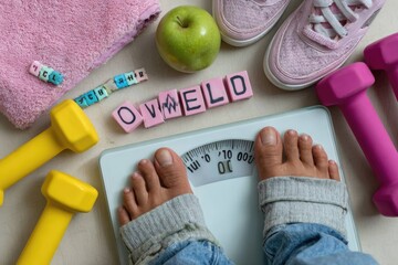 Person standing on scale surrounded by dumbbell, green apple, pink towel, and sneakers