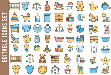 An Editable Set of Color Line Icons for Baby, Nursery, and Childcare Products