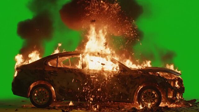 Burning Car with Fire and Smoke on Green Screen suitable for video editing, special effects, movie productions, VFX compositing. Graphic Resources broken car.
