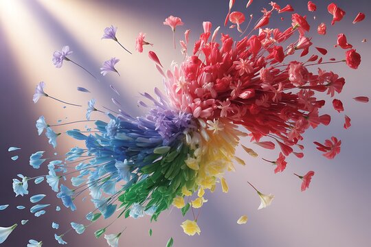 Explosion of colorful flowers against a soft gradient background
