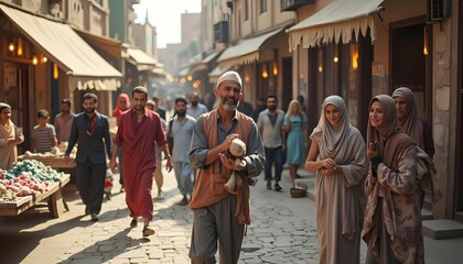 Fototapeta premium Crowd Walking on Cobblestone Street with Market Stalls