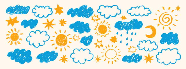 Set of hand drawn clouds, sun, stars, moon. Chalk, charcoal, crayon texture. Kids, childish cute style. Cartoon weather icons, design elements.