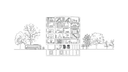 Naklejka premium Architectural Section Drawing of a Multi-Story Building with Underground Parking and Trees