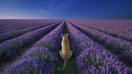 Leopard Sitting Gracefully in a Lavender Field Under Blue Sky