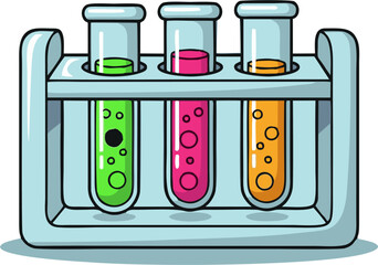Colorful Test Tubes in a Laboratory Rack with Bubbles