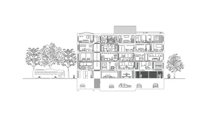 Naklejka premium Detailed Architectural Section of a Multi-Story Building with Underground Parking and Trees