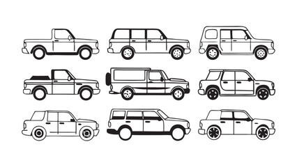 Fototapeta premium Diverse SUV and Truck Outline Vector Set for Automotive and Transport Design Needs