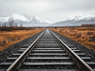 Fototapeta premium Railway tracks stretching endlessly through a remote wilderness, symbolizing adventure and exploration
