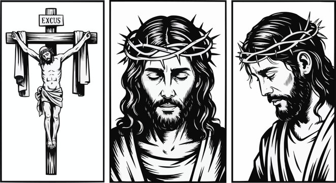 Black and White of Jesus Christ Crucified and Wearing a Crown of Thorns