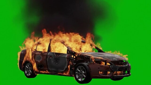 Burning Car with Fire and Smoke on Green Screen suitable for video editing, special effects, movie productions, VFX compositing. Graphic Resources broken car.

