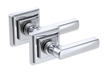 Pair of polished chrome door handles with square, stepped decorative plates