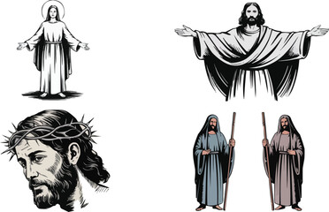 Christian Figures Jesus Christ, Virgin Mary, with Thorns and Shepherds in Illustrations