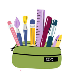 Colorful vector illustration of an open pencil case filled with school supplies: pencils, brushes, ruler, pens, and crayons.  