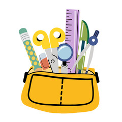 Colorful vector illustration of an open pencil case filled with school supplies: pencils, brushes, ruler, pens, and crayons.  