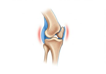Anatomical illustration of a human knee joint with inflammation